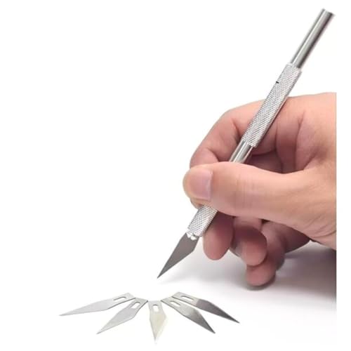 Estilete de Precisão Bisturi Profissional com 6 Lâminas de Reposição - Cabo de Alumínio Antiderrapante Ergonômico Afiado e Durável Ideal Artesanato Tipo Scrapbook Papel Couro EVA Modelismo Corte Fino