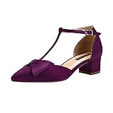 ERIJUNOR E0079 Bow Shoes Comfortable Chunky Low Heels for Women Pointy Toe T-Strap Evening Wedding Satin Shoes Plum Size 6