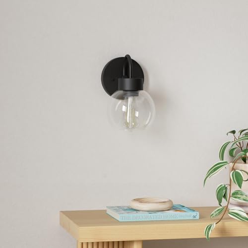 Image of EAPUDUN 1-Light Matte Black Bathroom Light Fixtures Over Mirror, Vanity Lights with 1 Globe Clear Glass Shades, Industrial Style Wall Sconces, WLA1433-MBK