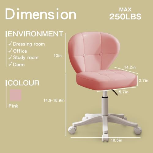 Image of Small Office Chair with Lumbar Support, PU Leather Armless Swivel Desk Chair Adjustable Height, Compact Rolling Chair for Home Office, Bedroom, Study (Pink)