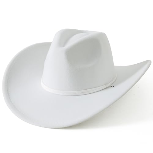 Image of Lanzom Women Men Retro Felt Wide Brim Western Cowboy Cowgirl Hat Dress Up Hat with Wind Lanyard
