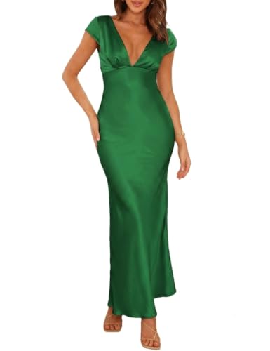 Image of Halfisland Womens Summer Satin V Neck Cap Sleeve Midi Dress Wedding Guest
