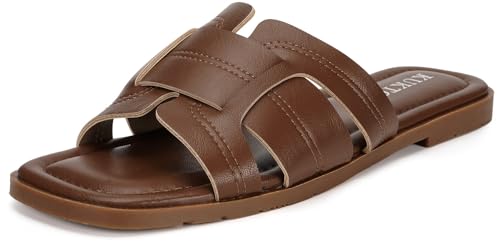 KUKTO Flat Sandals for Women Summer Dressy Slide Sandals Dress Sandals Ladies Slippers Slip On Open Toe Casual Sandals Brown 40 EU=9 US