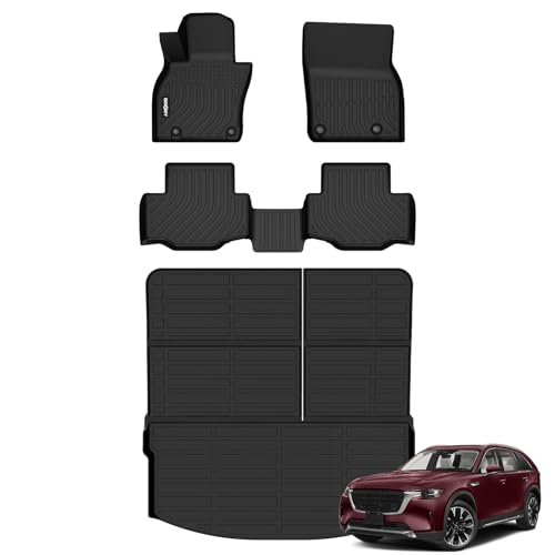 GINOWY-Floor Mats & Cargo Liner Set for Mazda 2024 2025 2026 CX-90 & CX90 PHEV (Fit for 7 & 8 Seats) TPE All Weather Mats Floor Liners Waterproof Trunk Mat Car Accessories CX90