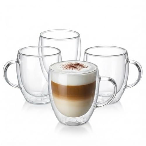 Jogo 4 Xícaras Parede Dupla Copo Térmico 250ml Café Latte Kit 4 Canecas Vidro Borossilicato Duplo Não Queima Xícara Oca Café Expresso Chá Com Alça Vidro Duplo Cappuccino
