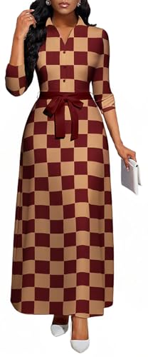 Image of Maxi Dresses for Women Casual Long Sleeve Crewneck Floor Length Dress | Floral Print,Swing,Soft Fabric,with Belt and Pockets