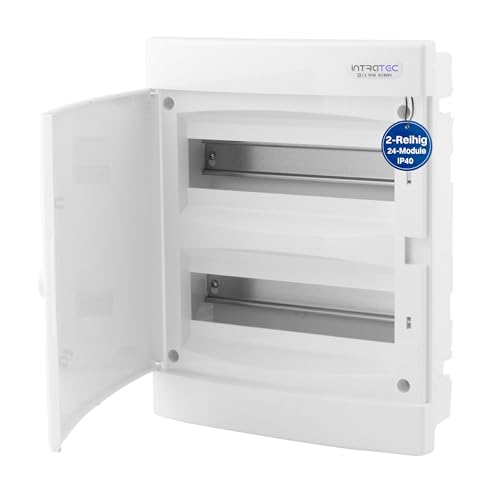 Intratec Sicherungskasten Unterputz 2 reihig Unterputz Verteilerkasten IP40 für 24 Module mit weißer Tür und Hutschiene für einfache Elektroinstallation Zuhause & Gewerbe 357 x 283 x 106mm