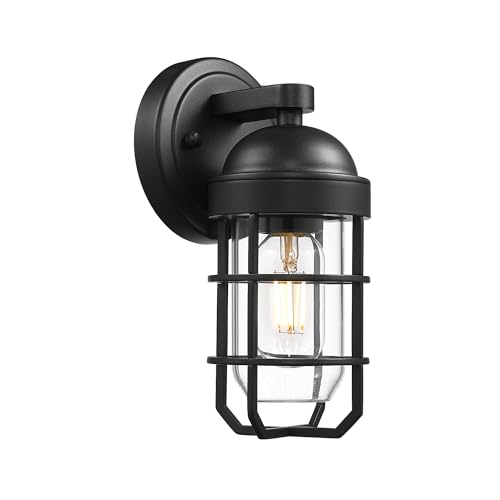 Image of Emliviar Modern Outdoor Wall Light for House Porches, Solid Classic Metal Cage, Retro Charm Exterior Wall Light, Clear Tempered Glass, Black Finish, GE255B BK