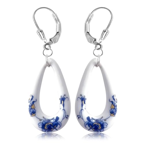 HAIXIAN Blue and white porcelain Enamel Flower Drop Earrings for Women,Porcelain Floral Statement Dangle Earrings,Platinum Plated Sterling Silver Hooks