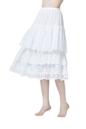 BEAUTELICATE 100% Cotton Half Slip Lightweight Skirt Extender Underskirt for Women 3 Tiered Lace Hem
