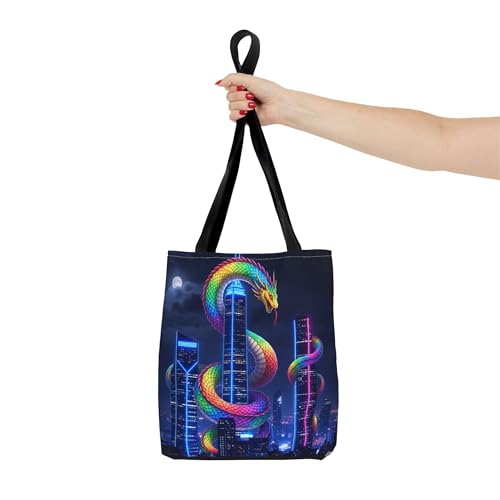 Premium Tote Bag with Reinforced Stitching - A Rainbow Serpent Climbing Neon Skyscrapers4