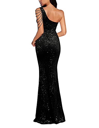 Image of Women One Shoulder 1920s Plus Size Formal Dress Tassels Sleeve Sequins Gatsby Maxi Evening Gown