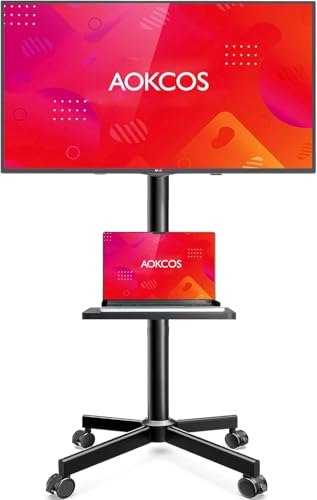 AOKCOS TV Ständer Rollbar für 32-65 Zoll Fernseher, TV Wagen mit Tablett, Fernsehständer Höhenverstellbar, Mobiler TV Standfuss mit Rollen, TV Rollwagen bis 40kg, Max. VESA 400x400mm (Schwarz)