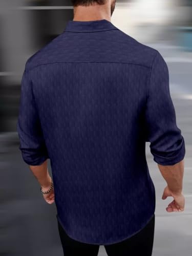 Image of DEELMO Men's Regular Fit Button Down Dress Shirts Textured Long Sleeve Casual Hawaiian Shirt