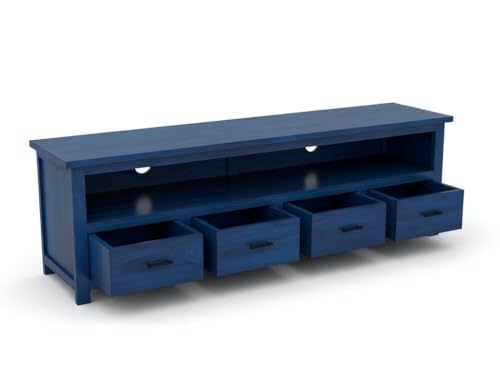 Image of Sheesham Solid Wood TV Cabinet for Living Room | Handcrafted Wooden TV Unit with Storage | Elegant Entertainment Stand for Modern Homes (4 Drawer Tv Cabinet, Blue)