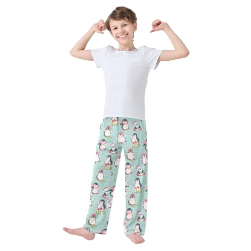 ZZXXB Xmas Penguin Skiing Boys Long Pants Soft Trousers Elastic Waist Kids Lounge Bottoms with Pockets S-XL2