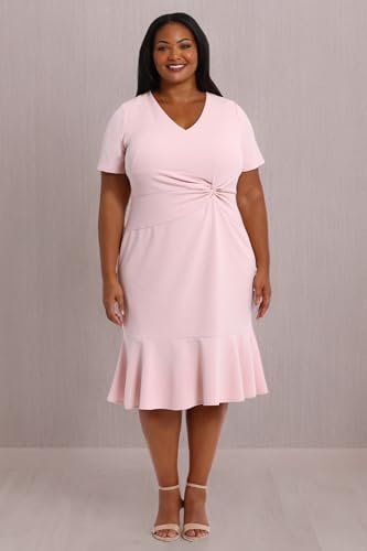 Image of London Times Women's V-Neck Dress - Flounce Hem, Twist Waist, Elegant Office & Event Wear