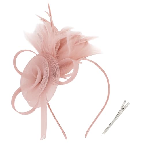 AMCAMI Fascinators Hats with Feather for Women 2025 Derby Hats Tea Party Hat with Headband and Clip Nude Pink