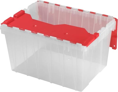 Image of Akro-Mils KeepBox 12 Gallon Storage Container, Nesting and Stackable Plastic Storage Box with Lid Attached, Clear Tote for Garages, Closets, and Moving, 21-1 /2 inch x 15 inch x 12-1 /2 inch, Clear /Red