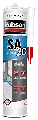 Rubson SA2 Sanitaire Gris Foncé, Mastic silicone 2-en-1 pour émail et matériaux de synthèse, Joint sanitaire renforcé en antifongiques, finition lisse & brillante, 280 ml