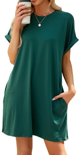 MEDUOLA Mujer Vestido Casual de Manga Corta Vestido de Camiseta con Bolsillos Vestido Suelto Color Sólido para Verano S,Verde