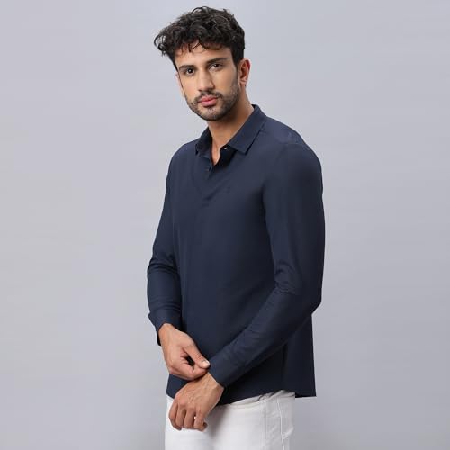 Image of HEKTOR Men's Hidden Button Shirt-Long Sleeve Bubble Check Shirt|Premium Nylon Blend, Regular Fit,Textured Smart