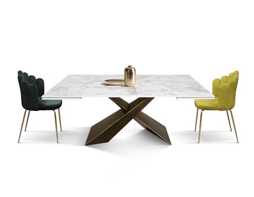 PAZZO DESIGN Table extensible César, plateau en céramique blanc arabesque, pieds en métal bronze, table de cuisine, table de salon, table en céramique, 180...