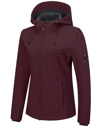 Outdoor Ventures Women's Softshell Jacket with Hood Fleece Lined Warm Lightweight Waterproof Insulated Windbreaker