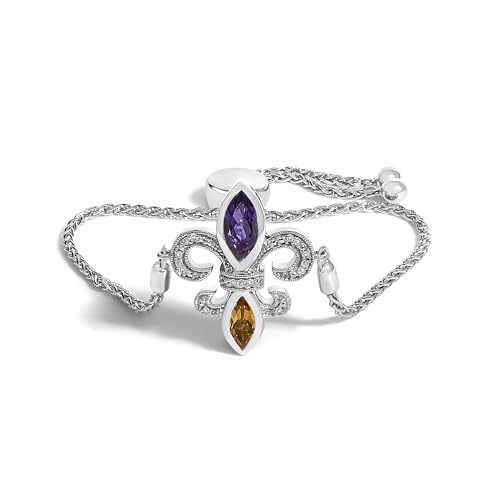 Haus of Brilliance .925 Sterling Silver Marquise Purple Amethyst, Orange Citrine, and Diamond Accent Lariat 4”-10” Fleur De Lis Adjustable Bolo Bracelet (I-J Color, I1-I2 Clarity)
