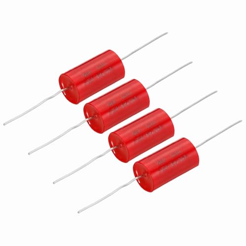 sourcing map 4pcs 1uf Frequency Divider Capacitor, 250V Red Axial Audio Speaker Crossover MKP Film Capacitor
