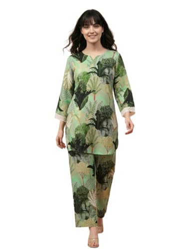 Image of Bee M Pee Designer Trendy Floral Printed Poly Rayon Cotton Kurta Coord Sets for Women | Stylish Casual Kurti Tunic Cord Set with Pant for Woman for Office