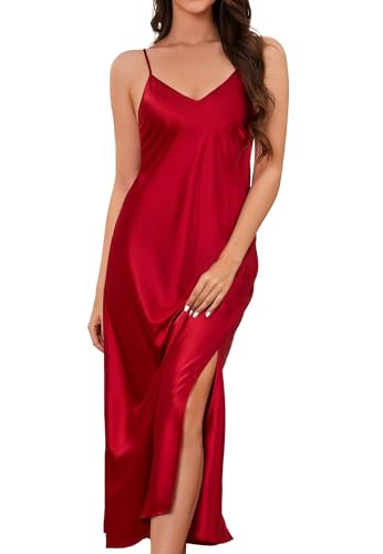 Image of ALCEA ROSEA Women's Long Satin Slip Dress Nightgowns Sexy Lingerie Adjustable Strap Midi Dress Silky Gown V Neck Under Dress