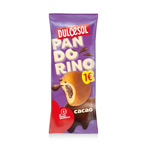 Dulcesol - Pandorino Cacao - Bollito Tierno con Delicioso Relleno de Cacao, Textura Esponjosa, Pack de 3 Unidades - Bolsa 135g