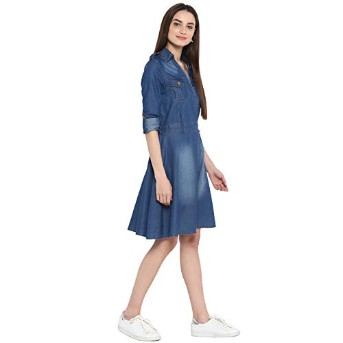 Image of StyleStone (3323DnmCrossBtnDrs Women's Denim Dress with V Neck