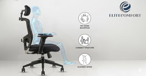 Image of EliteComfort High Back Office Chair | Mesh Ergonomic Chair with Multi-Tilt Lock, Lumbar Support, Strong Nylon Base | Adjustable Armrest | Home & Office Seating (Black)| 1 Years Warranty