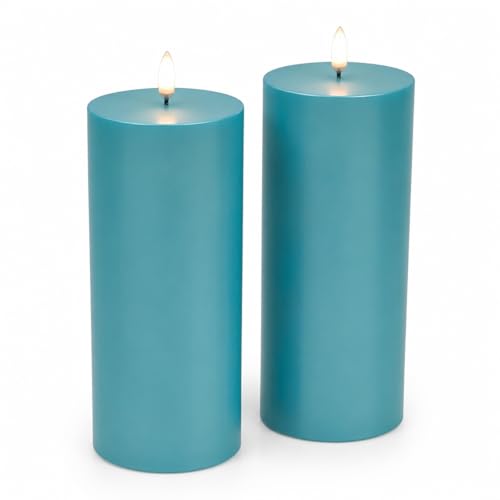 Image of Blue Flameless Pillar Candles, 8 x 3 Inch, Set of 2 | Blue Plastic Pillar Candles, Waterproof, 6 Hour Timer, Indoor Outdoor Decor