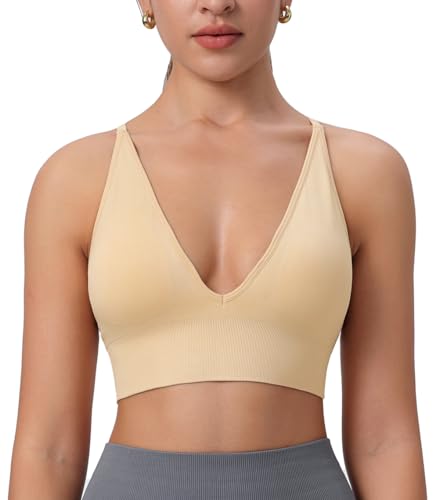 Image of Deep V-Neck Adjustable Women's Sports Bra | Wireless Longline Strappy Criss Cross Padded Spaghetti Straps Light Impact Workout Yoga Crop Top