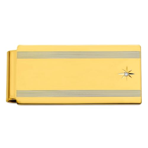 Gold Plated Solid Polished and satin Engravable (front only) Star Cut .001ct Diamond Hinged Money Clip 50x25mm Wide-Money-Clip for Men