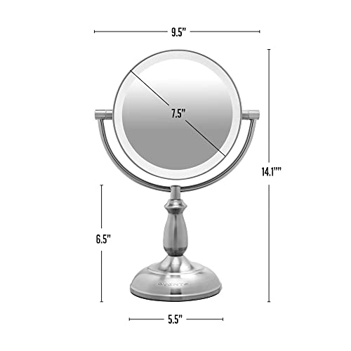 Image of OVENTE 8 inch Lighted Tabletop Makeup Mirror, Nickel Brushed MPT751BR1X10X | Double Sided Table Mount Vanity Mirror with 1X /10X Magnification, 360 Rotation, 3-Tone Smart Touch LED Lights, Auto Shutoff