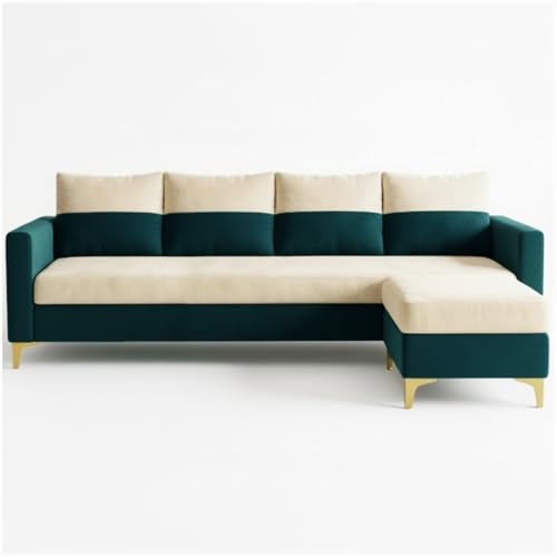 Image of FURNY Canvora 5 Seater L Shape Sofa Set with Movable Ottoman | Flexible Left or Right Layout | Plush Velvet Fabric (Cream-Greenish Teal) | Perfect for Living Room, Guest Room & Office