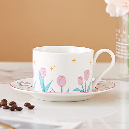 1客セット カップ&ソーサー チューリップ柄 ティーカップセット セラミック ウォーターカップ 可愛い コーヒーカップ 耐熱皿 来客用 自宅 結婚式 ?影小物 クリスマス 水 お茶 珈琲 アイスティー シンプル