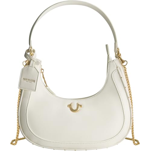 True Religion Hobo Bag, Women's Faux Leather Crescent Handbag with Adjustable Chain Strap, White, One Size