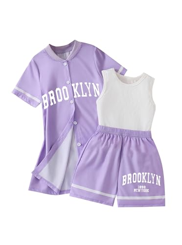 Image of Hilinker Girls 3 Piece Outfits Graphic Tank and Short Sleeve Cardigan with Shorts Set
