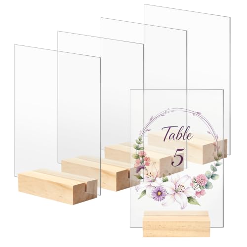 Image of Bercoor 5 Pack 4x6 Inch Blank Clear Acrylic Sign with Wooden Stands, Rectangle Top Acrylic Sheet, DIY Acrylic Rectangle Table Numbers for DIY Name Card Gifts Event Party Sign Decoration