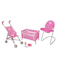 Nursey Playset | 7 Piece Nursery Playset Doll Highchair, Crib, Doll Car Seat & Reusable Cutlery Set | Prams, Pushchairs and Dolls Accessories for Boys & Girls Age 3+