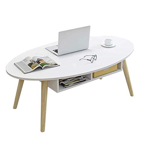 Axdwfd Mesa Auxiliar Oval Moderna de Madera Maciza Mesa de café, Sala de Estar Blanca, fácil de Montar Baja de 2 Capas Mesa lateral-100cm * 55cm * 42cm