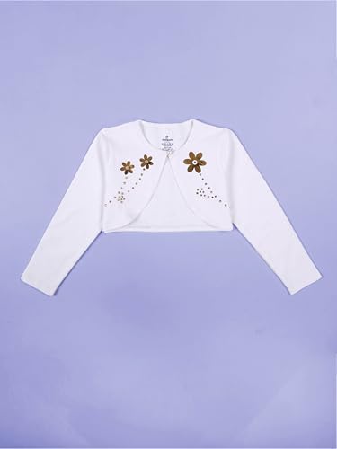 Image of KiddoPanti Girls Fleece Crop Length Shrug | Cotton Poly Fleece Fabric |Sequin Patch on Chest | Front Open Pearl Button Closure | Crop Length, Full Sleeve | Lightweigth & Breathable Girls Shrug