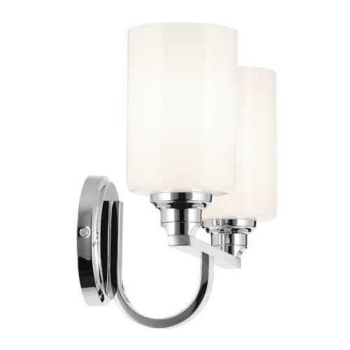 Image of Kichler Gioe 2-Light Bathroom Vanity Light Fixture with Opal Glass, 14.25 inch Modern Chrome Wall Mount Over Mirror for Powder Room, Damp Rated (14.25 inch W x 10.5 inch H), 55225CH