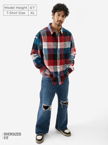 Image of The Souled Store Plaid: Black /Blue /Red Checks Long Sleeve Collared Neck Button Down Cotton Relaxed Fit Shirts for Men and Boys - Classic and Casual Wardrobe Essentials