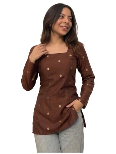 Image of ANNI Designer Women's Viscose Blend Printed Short Kurti | Straight Fit Ethnic Top with Square Neck | Bell Sleeve Indian Kurta for Office College, Party
